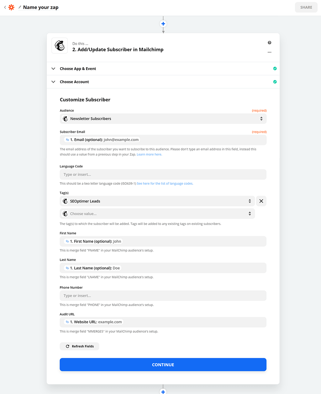 Mailchimp Zapier fields